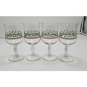 Vintage Arby's Wine Glass/Goblet Christmas Holly Berry  Bows on Stem (Qty 4)